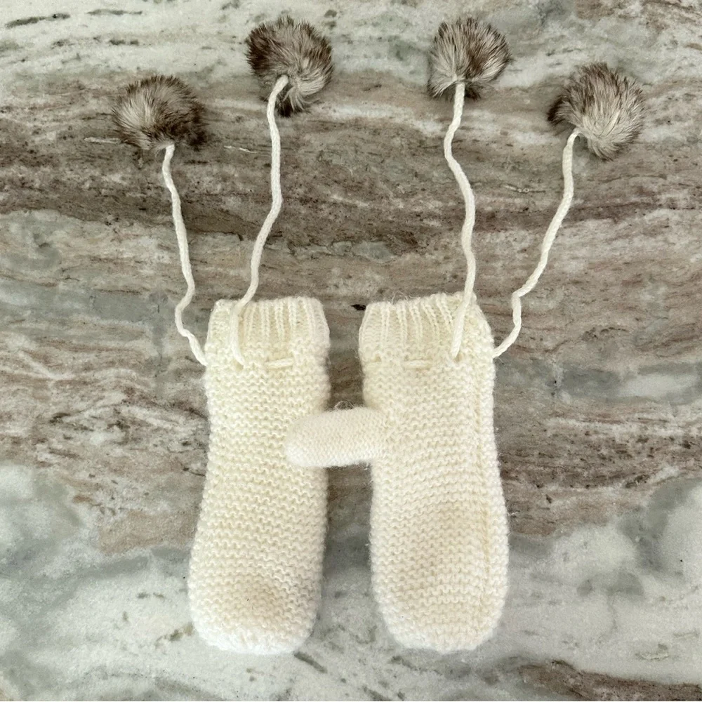 Cream Cozy Fleece Lined Knit Mittens Faux Fur Pom Poms - Winter / Cold Weather